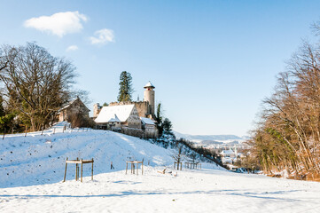 Arlesheim, Schloss Birseck, Burg, Ruine, Ermitage, Dorf, Wanderweg, Wald, Schnee, Schneedecke, Baselland, Birstal, Birseck, Winter, Schweiz