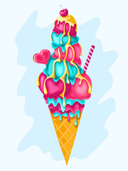 Pink strawberry, mint, cherry  ice cream with biscuits, syrup and sprinkles in waffle cone. Vector illustration.