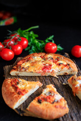 pizza flatbread on thick dough fast food cheese, tomato sauce, tomato and other ingredients portion on the table healthy meal snack outdoor top view copy space for text food background rustic image