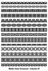 Set of 14 vector repeatable borders, dividers and frames of Kazakh, Kyrgiz and Uzbek national Muslim Islamic ornament in black and white colors.
