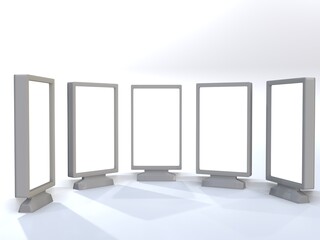 3D RENDER ILLUSTRATION. Advertising stand displays media movie screen blank on white space board background.  