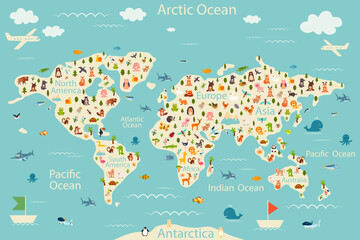 Cartoon world map with animals and trees. Vector illustration