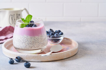 Chia seeds pudding with blueberry yogurt and fresh berries in glass prepared for healthy breakfast. Selective focus.