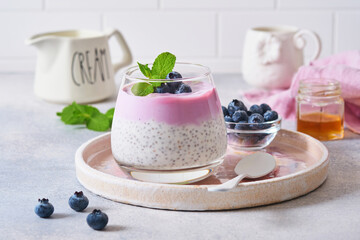 Chia seeds pudding with blueberry yogurt and fresh berries in glass prepared for healthy breakfast. Selective focus.