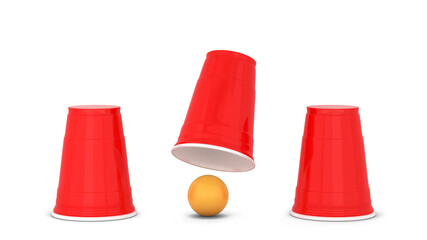 Shell game. Three red plastic cups