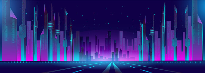 Fantastic city in the style of cyberpunk. Vector illustration in retro style in neon colors. Night city of the future. Template a horizontal banner.