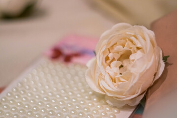 Artificial flowers. Interior decor. Cream rose. Office. Decoration. Creation. Handmade.