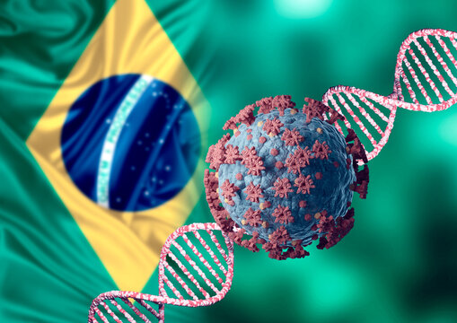 Coronavirus And DNA, Virus Mutation And New Strain From Brazil. Brazilian Variant SARS CoV 2. Microscopic View