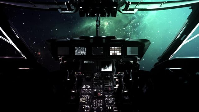 Spaceship Traveling in a Nebula in Outer Space Cockpit View