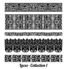 Collection of elegant vintage style fabric embroidered laces. Vector stock illustration. black on white background, isolated.