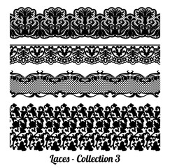 Collection of 4 elegant vintage style fabric embroidered laces. Vector stock illustration. black on white background, isolated.