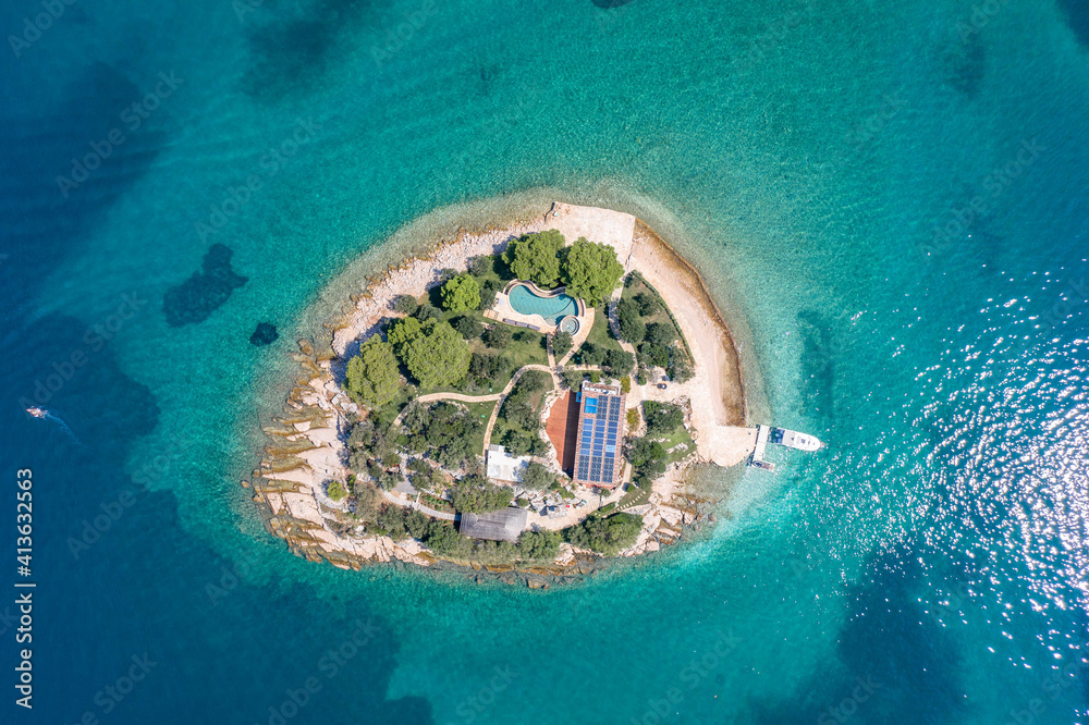 Wall mural Aerial overhead view of Mala Bisaga Island in Dalmatia Adriatic sea near Galesnjak Islan in Croatia summer - Wall murals