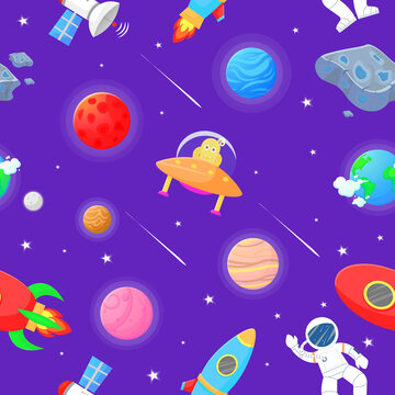 Flat cartoon style space pattern. Astronaut with
