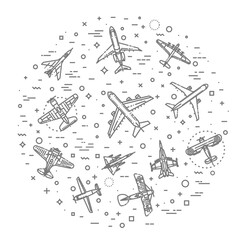 Modern types of planes. Large and small passenger aircraft. Air transport. Vector illustration in flat style