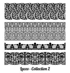 Set of 4 elegant vintage style fabric embroidered laces. Vector stock illustration. black on white background, isolated.
