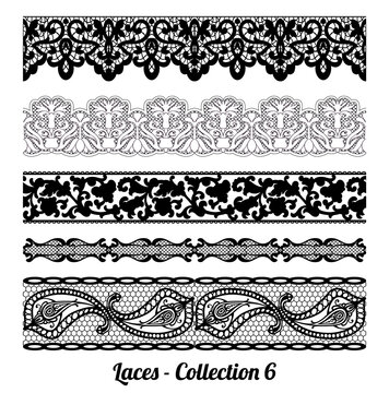 Set of elegant vintage style fabric embroidered laces. Vector stock illustration. black on white background, isolated.