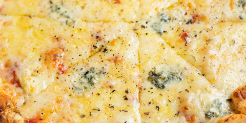 cheesy pizza several types of cheese fast food and other ingredients portion on the table healthy meal snack outdoor top view copy space for text food background rustic image