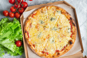 cheesy pizza several types of cheese fast food and other ingredients portion on the table healthy meal snack outdoor top view copy space for text food background rustic image