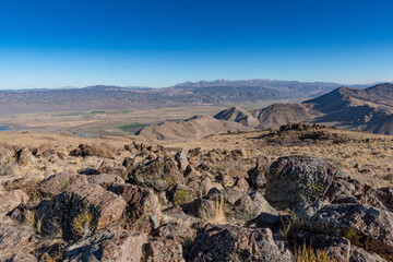 Overview from Monitor Pass in California, USA,  showig rocky terrain of the Sierra Nevada and cloudless sky 