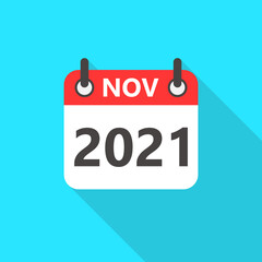 November 2021 Calendar Flat Style Icon Long Shadow. November 2021 Business Calendar Planner Flat Vector Icon. Vector Illustration