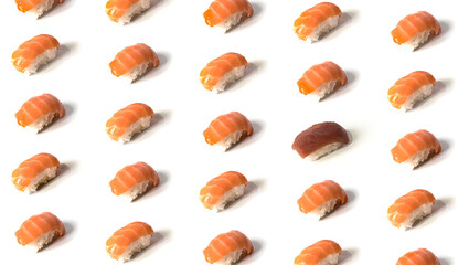 Seamless pattern of delicious nigiri isolated on white background. The pattern is broken with a tuna nigiri. Flat lay