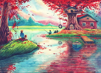 Fototapeta na wymiar Magic watercolor landscape painting art with pink trees, lake, fishing lodge, fantasy forest, hand drawn nature illustration with river reflections, red bicycle and boat. 