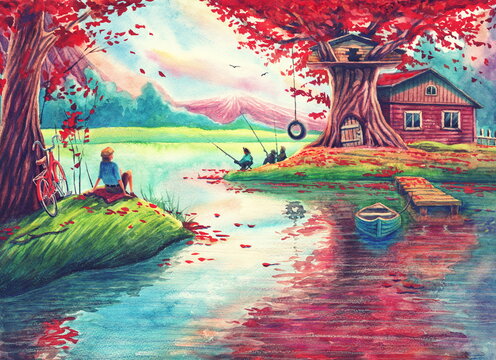 Magic watercolor landscape painting art with pink trees, lake, fishing lodge, fantasy forest, hand drawn nature illustration with river reflections, red bicycle and boat. 