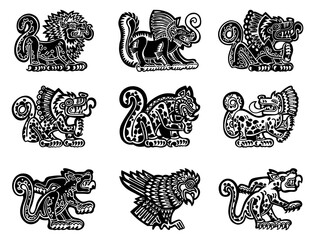 Set of stylized petroglyph style drawings of jaguar, lion, eagle. American native tribal style, aztec or maya art. Black and white, isolated for logo design. Vector stock illustration. © NATALYA