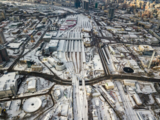 Railway tracks of the Kiev station. Aerial drone view. Winter snowy morning.