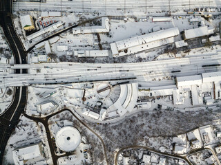 Railway tracks of the Kiev station. Aerial drone view. Winter snowy morning.