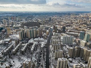 Snowy Kiev. Aerial drone view. Winter sunny morning.