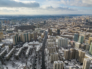 Snowy Kiev. Aerial drone view. Winter sunny morning.