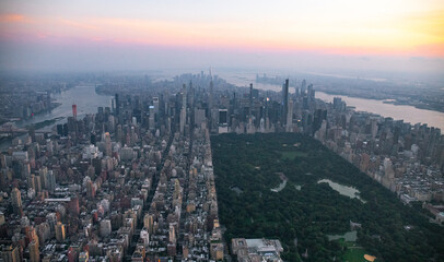 Aerial Skyline of New York City During Sunset