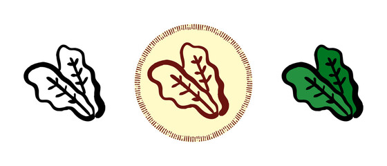 This is a set of icons with different styles of sorrel. Contour, color and retro sorrel symbols. Freehand drawing, doodles. Stylish solution for website and label.