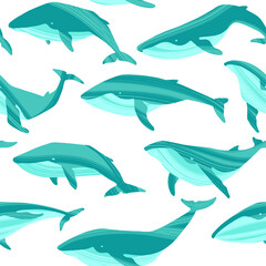 Decorative vector seamless pattern with whales. Ocean animals in trendy flat style.