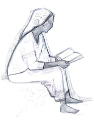 Woman reading the book. Pencil drawing