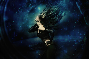 Fototapeta na wymiar attractive young woman in motion long hair fly dark space background