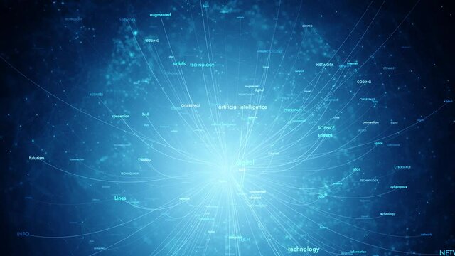 Futuristic word cloud technology, science and space animation with abstract curved lines and stars blue background.