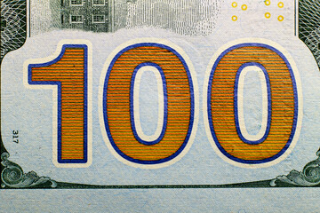Macro shot (closeup ) of a new 100 dollar bill Series 2009 A. Big 