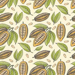 seamless pattern of cocoa beans, branch and leaves