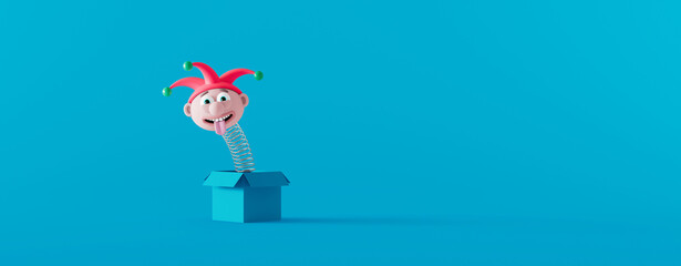 Funny Jack in the box on the blue background. April fools day concept 3d render 3d illustration