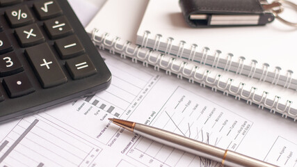 Paper, financial report, pen, notepad, flash drive on a white background