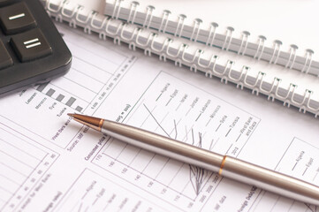 Paper, financial report, pen, notepad, flash drive on a white background