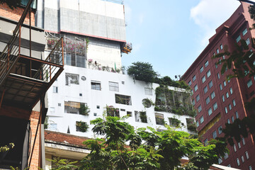 Obraz na płótnie Canvas Saigon, Vietnam - January 6 2020: Apartment building with varying sized windows and green foliage and plants 
