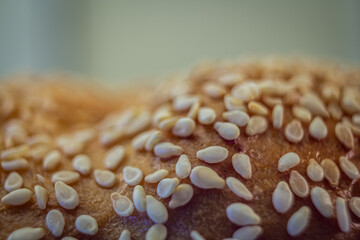 Extreme Close-Up of a Bagel Covered in Sesame Seeds