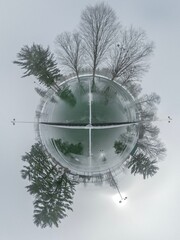 Spherical, Little Planet-Style Panorama of an Ice-Covered Tennis Court in the Winter on an Overcast Day
