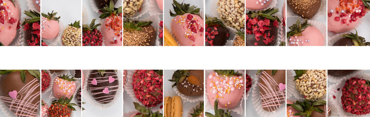 Assorted strawberries in chocolate, sweet dessert, free space for your text, sprinkled with nuts, top view, collages.