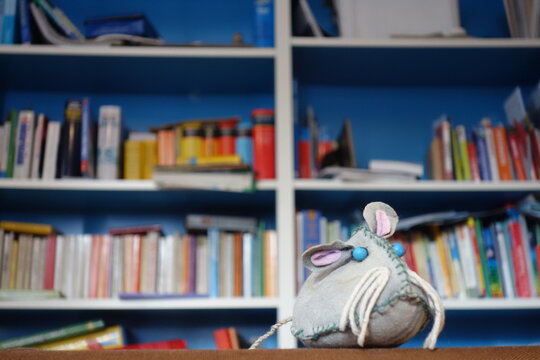Slebstgebastelte Stoffspielzeug Maus vor buntem chaotischen  B&uuml;cherregal. Lesemaus mit blauen Augen, Schnurrbarthaaren und treuem Hundeblick.