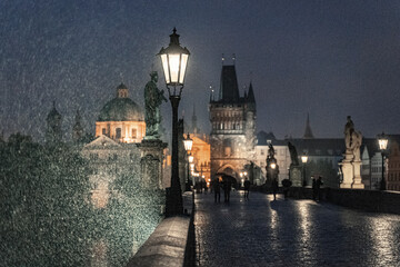 Fototapeta na wymiar Charles Bridge at night in the rain in the Czech Republic
