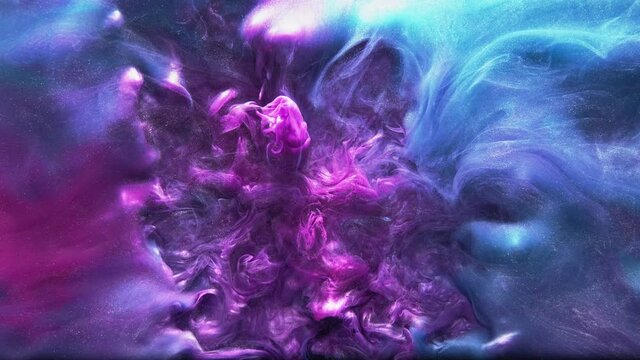 Ink splash. Color burst in water. Smoke cloud spreading. Bright purple blue fluorescent glitter mist flow dynamic texture art background.
